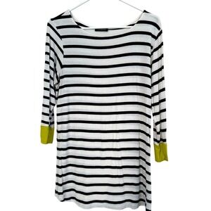 Colette Women's Boatneck Black/White Stripe 3/4 Sleeve Tunic w/Neon Green Accent
